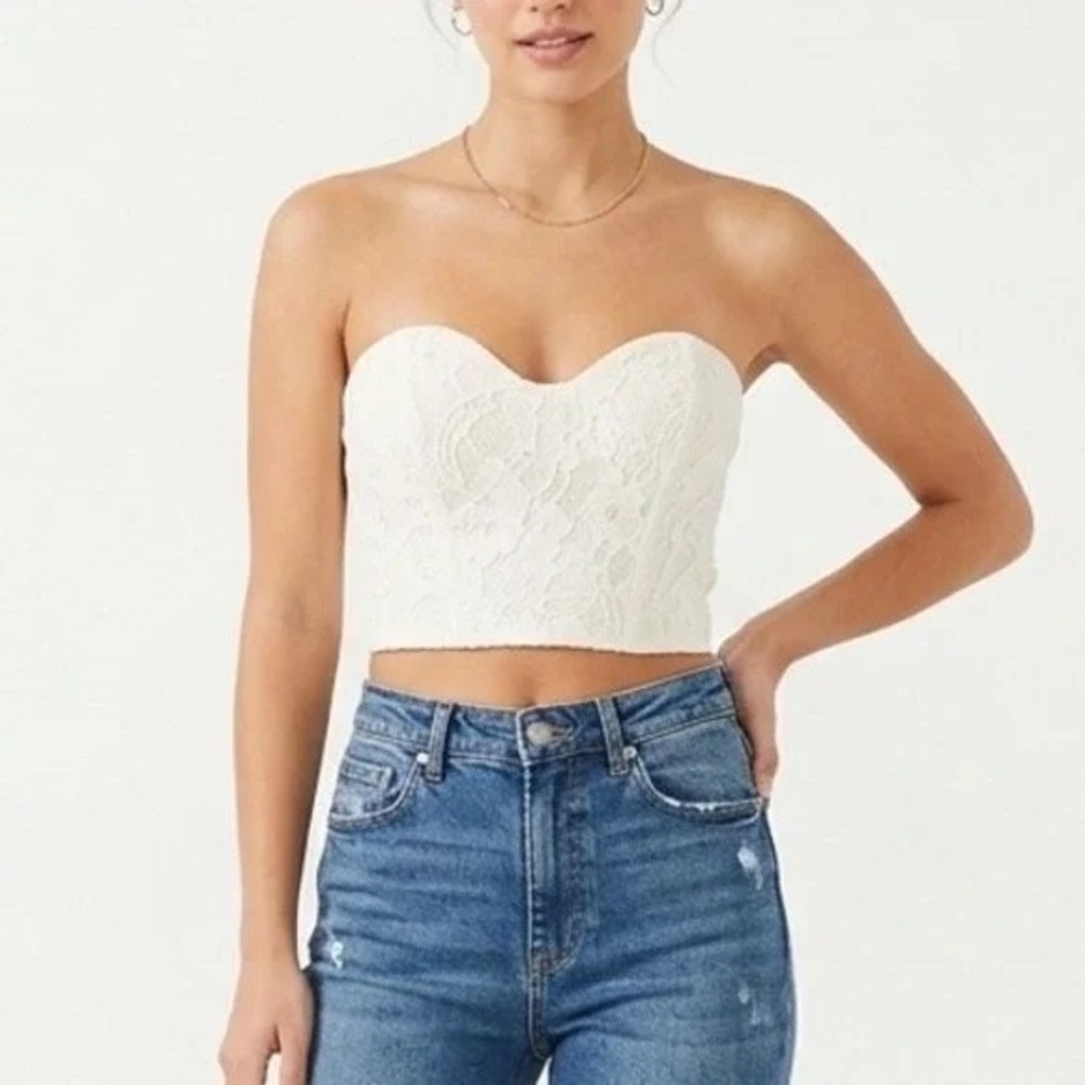 Off White Floral Lace Bustier Crop Top Sweetheart Neckline Size S